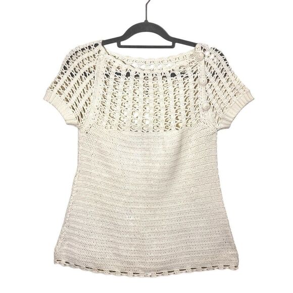 Lela Rose Sweaters - Lela Rose Sweater Women’s M White Crochet Knit Short Sleeve Baby Doll Prairie‎